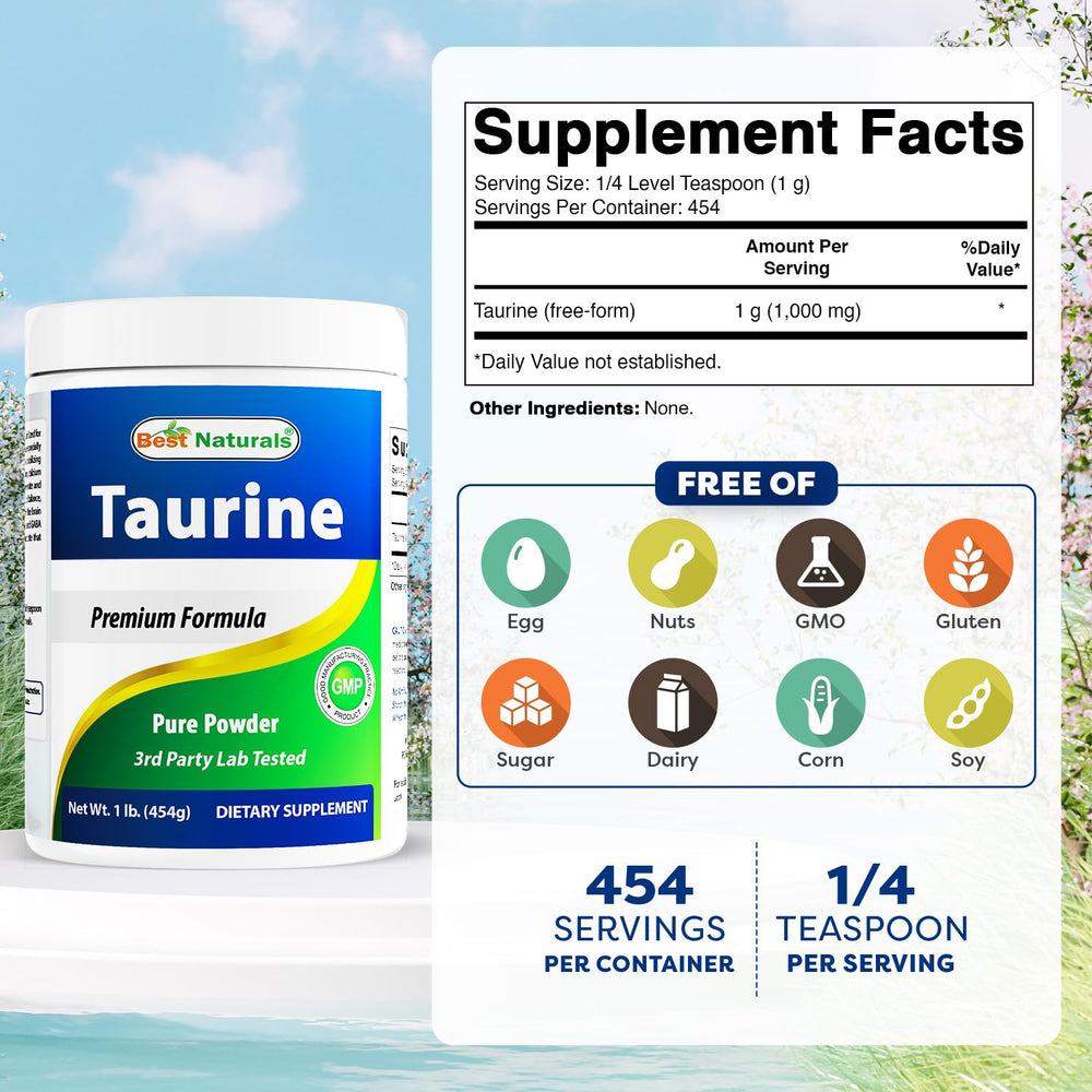 Product label showing Taurine 1000mg per serving