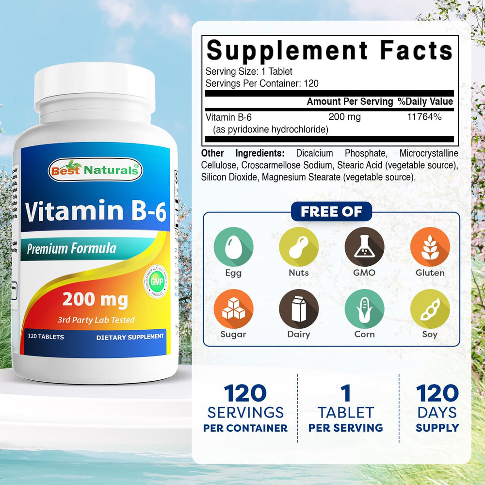 Vitamin B6 200mg bottle with label close-up - view 1