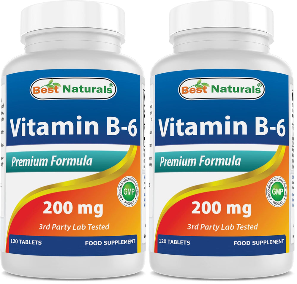 Front view of Best Naturals Vitamin B6 200mg bottle