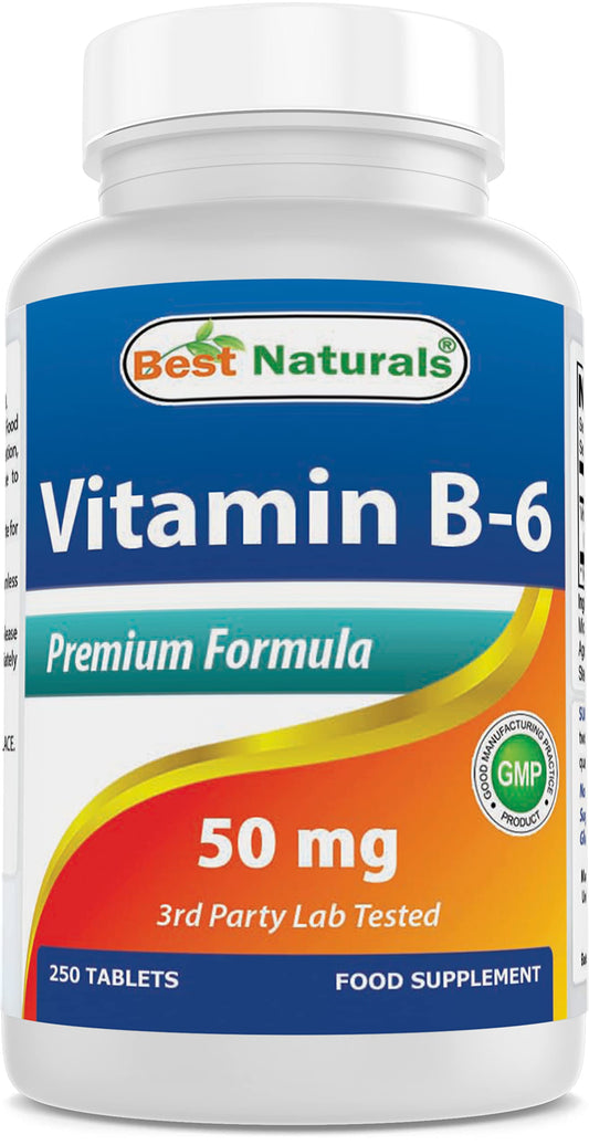 Bottle of Best Naturals Vitamin B6 50 mg 250 tablets - front view