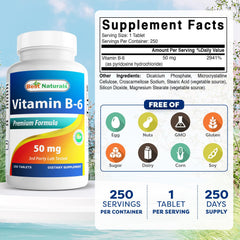 Close-up of Best Naturals Vitamin B6 50 mg bottle label