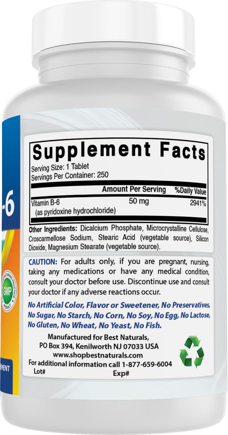 Ingredients and packaging of Best Naturals Vitamin B6 50 mg