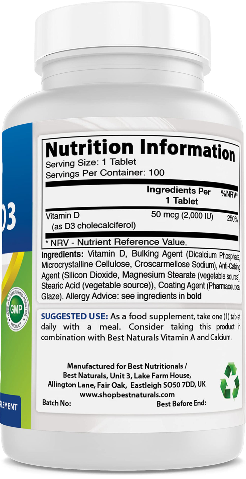 Back view of bottle showing 100 tablets