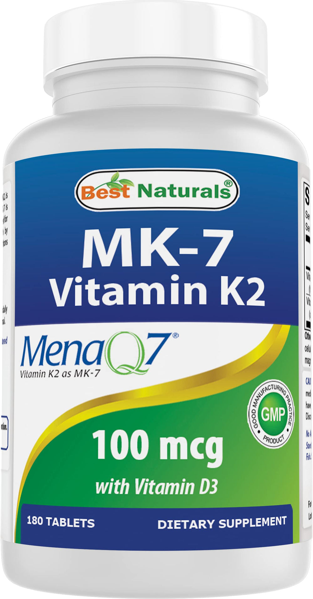 Front view of Best Naturals Vitamin K2 MK7 with D3 bottle – 180 tablets