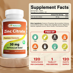 Product label showing zinc citrate dosage
