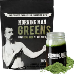 Morning Man Greens probiotic superfood mix with scoop and label