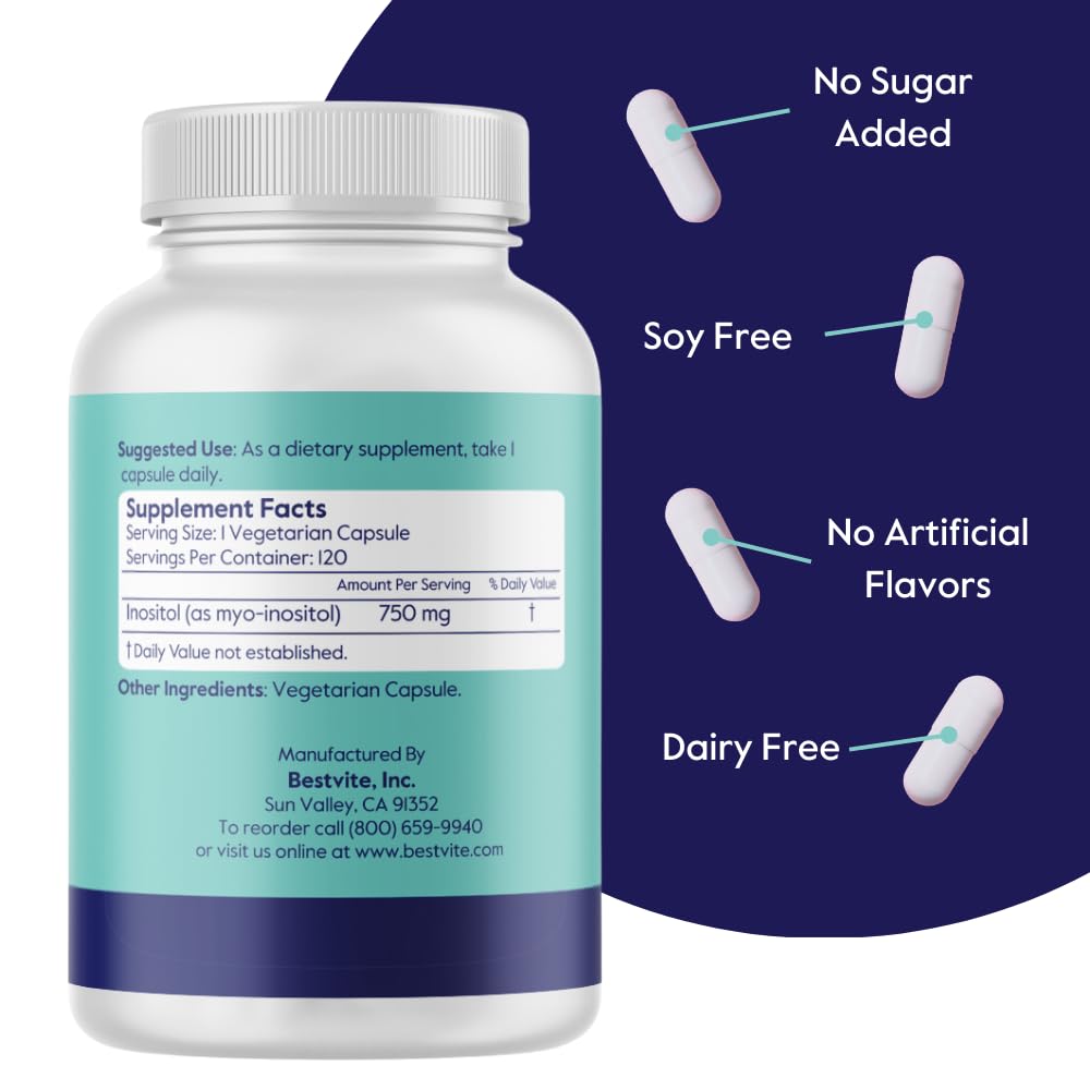 Close-up of BESTVITE Inositol 750 mg bottle label