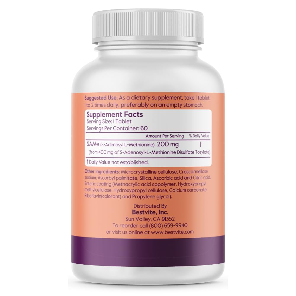 Close-up of bottle label showing 200 mg SAMe