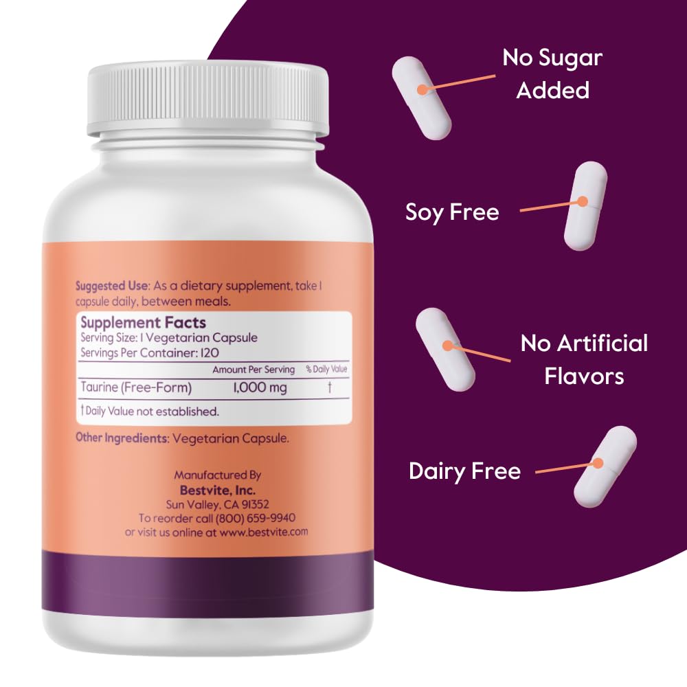 Bestvite Taurine 1000mg – Gluten-free and vegan symbols