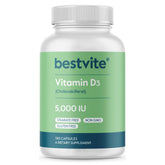 Front view of BESTVITE Vitamin D3 5000 IU bottle with 365 capsules
