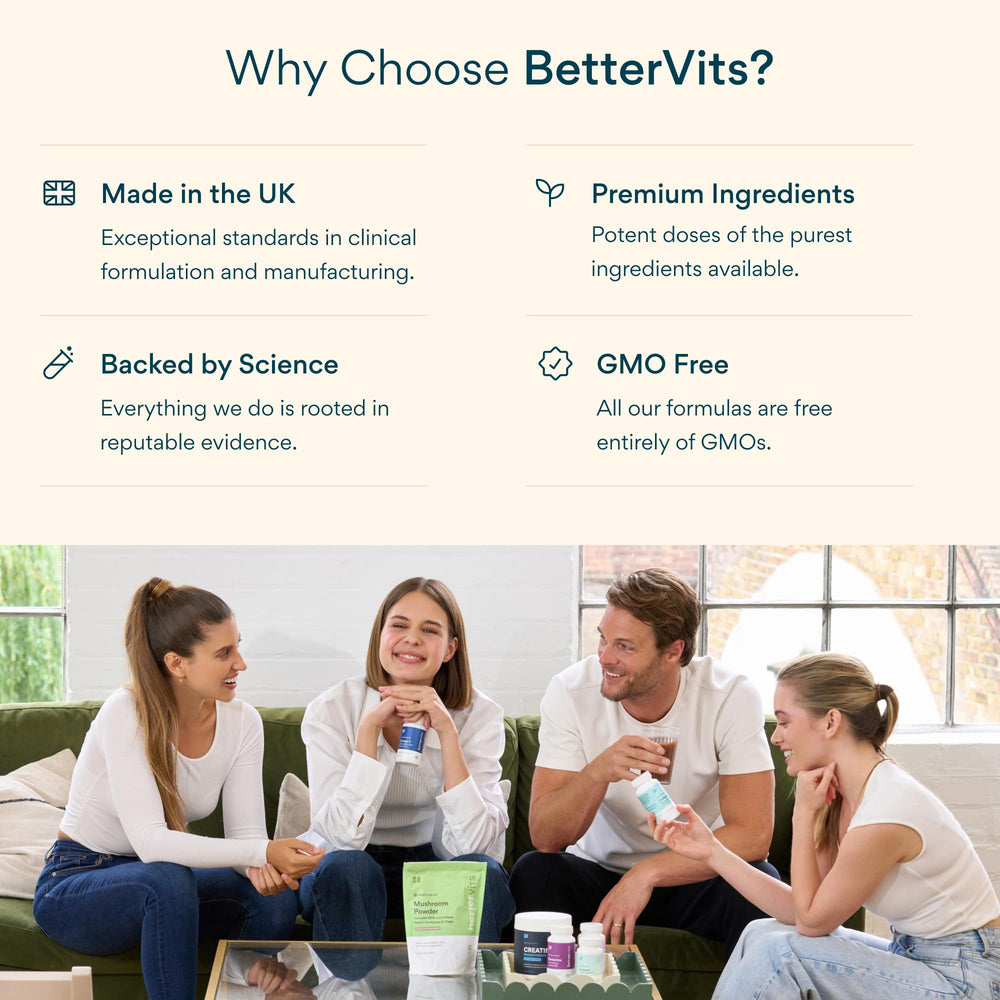Bettervits vegan non-GMO label communicates clean, plant-based gut health support.