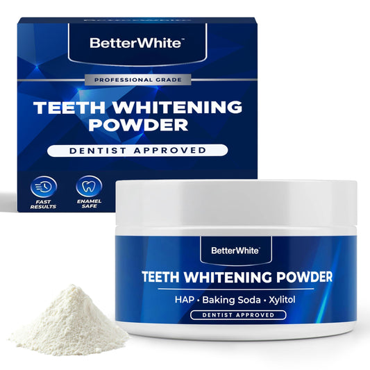 BetterWhite Teeth Whitening Powder jar showing six-month supply