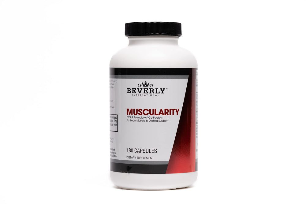 Beverly International Muscularity BCAA formula bottle with 180 capsules