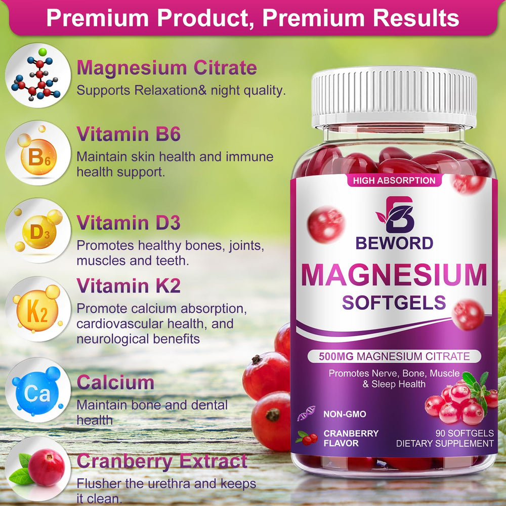 Close-up of BEWORD Magnesium Citrate Softgels