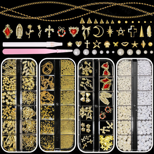 Bezztito four-box gold nail charms kit for versatile DIY manicures.