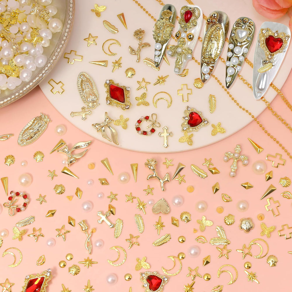 Bezztito gold nail studs and caviar beads enhance sparkle.