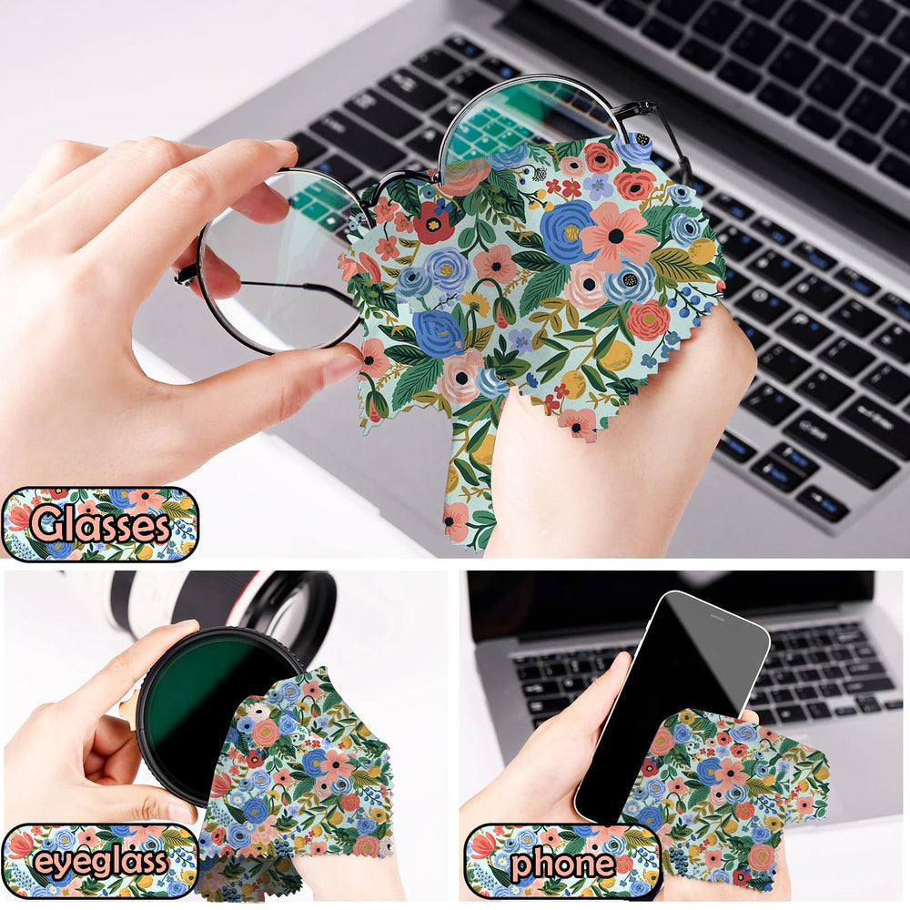 Cloths being used to clean eyeglasses and camera lens