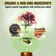 Ingredients panel showing Irish Sea Moss, Black Seed Oil, Burdock Root