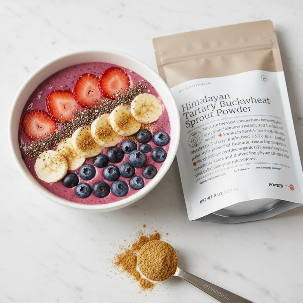 Big Bold Health Himalayan Tartary Buckwheat Sprout Powder texture close-up reveals fine, nutty powder.