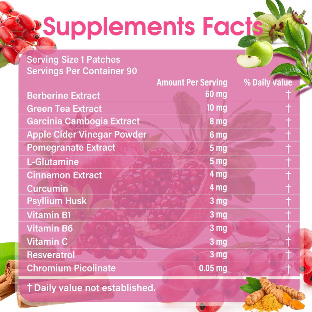 Close-up of patch ingredients: berberine, green tea, garcinia cambogia, cinnamon