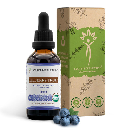 Bottle of Secrets of the Tribe Bilberry Fruit USDA Organic Alcohol-Free Extract (2 oz)