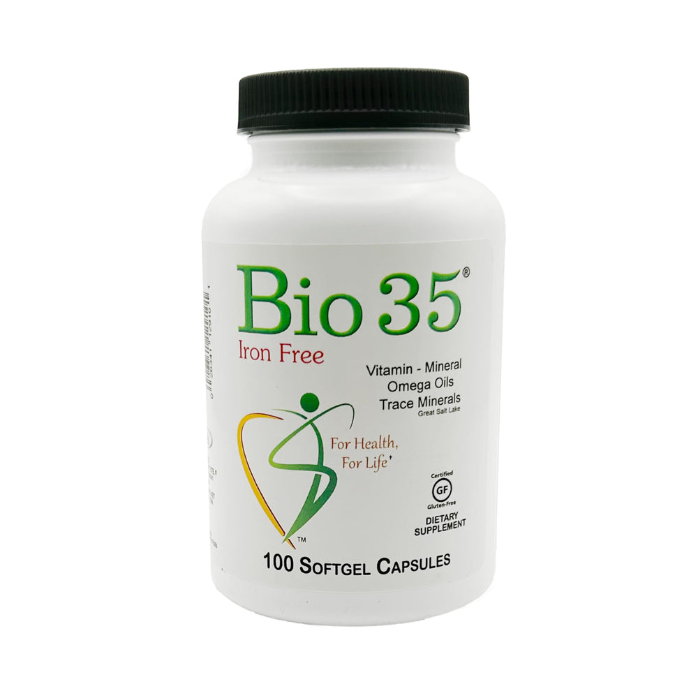 Bio-35 bottle label highlighting iron, gluten-free and soy-free