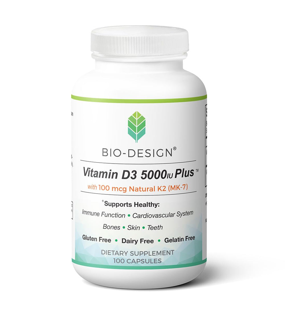 Bio-Design Vitamin D3 5000 IU + K2 MK-7 bottle front view, 100 capsules