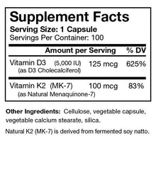 Vitamin D3 5000 IU and K2 MK-7 supplement label with ingredients