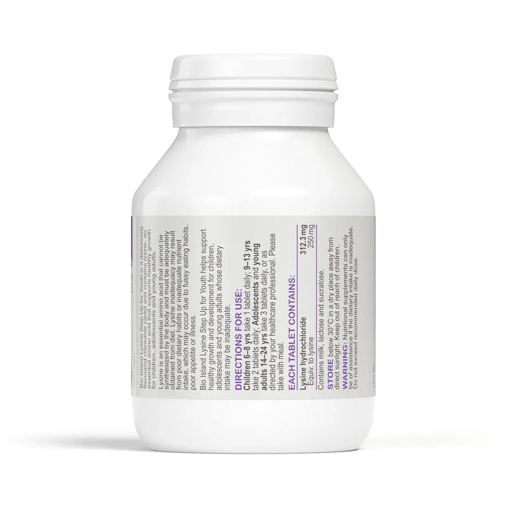 Teen taking a lysine chewable tablet, blackcurrant flavour