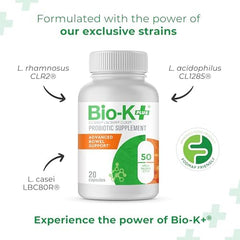 Close-up of Bio-K+ probiotic capsules showing 50B CFU