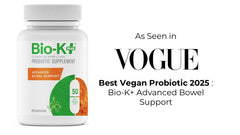 Icons indicating vegan, gluten-free, and non-GMO status for Bio-K+ probiotic