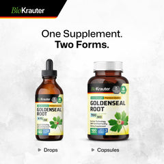Goldenseal root powder capsules arranged together