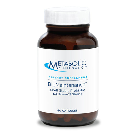 BioMaintenance probiotic bottle with 60 capsules showing 50B CFU and 12 strains