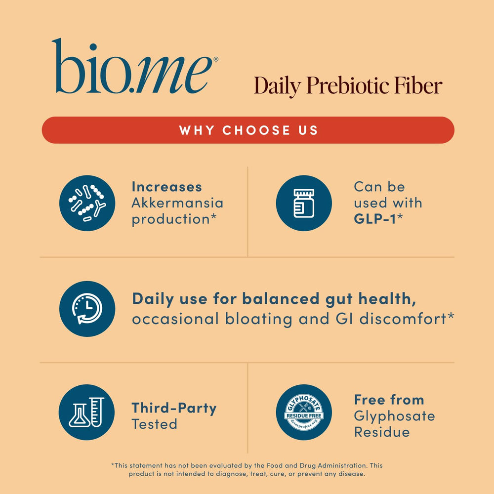 Container showing 30 servings of Bio.me Daily Prebiotic Fiber Powder – chai