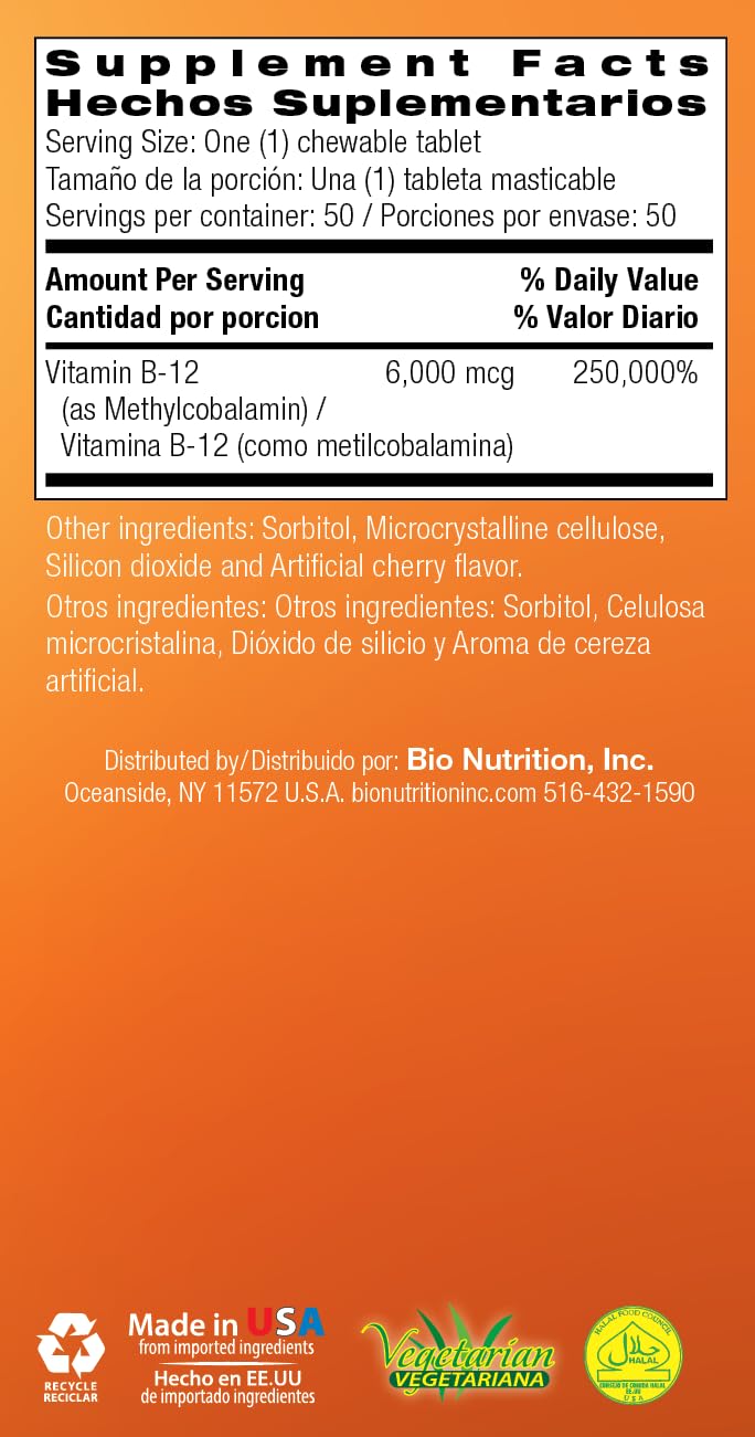 Nutrition label and ingredients of Bio Nutrition B-12 Sublingual Tablet