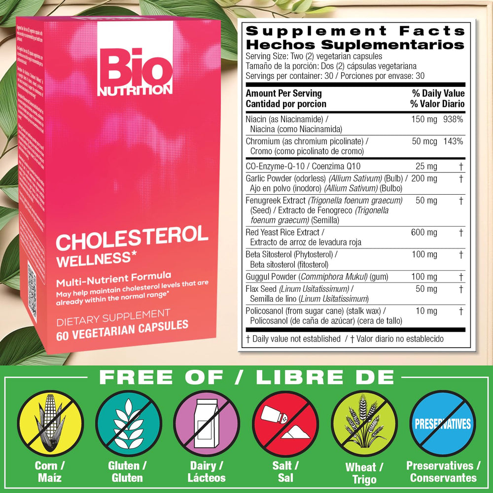 Close-up of Bio Nutrition Cholesterol Wellness 60 Vegetarian Capsules label