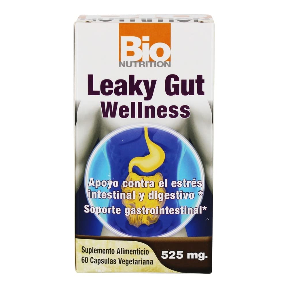 Close-up of 60 vegan capsules in Bio Nutrition Leaky Gut Wellness bottle