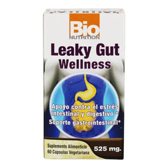 Close-up of 60 vegan capsules in Bio Nutrition Leaky Gut Wellness bottle