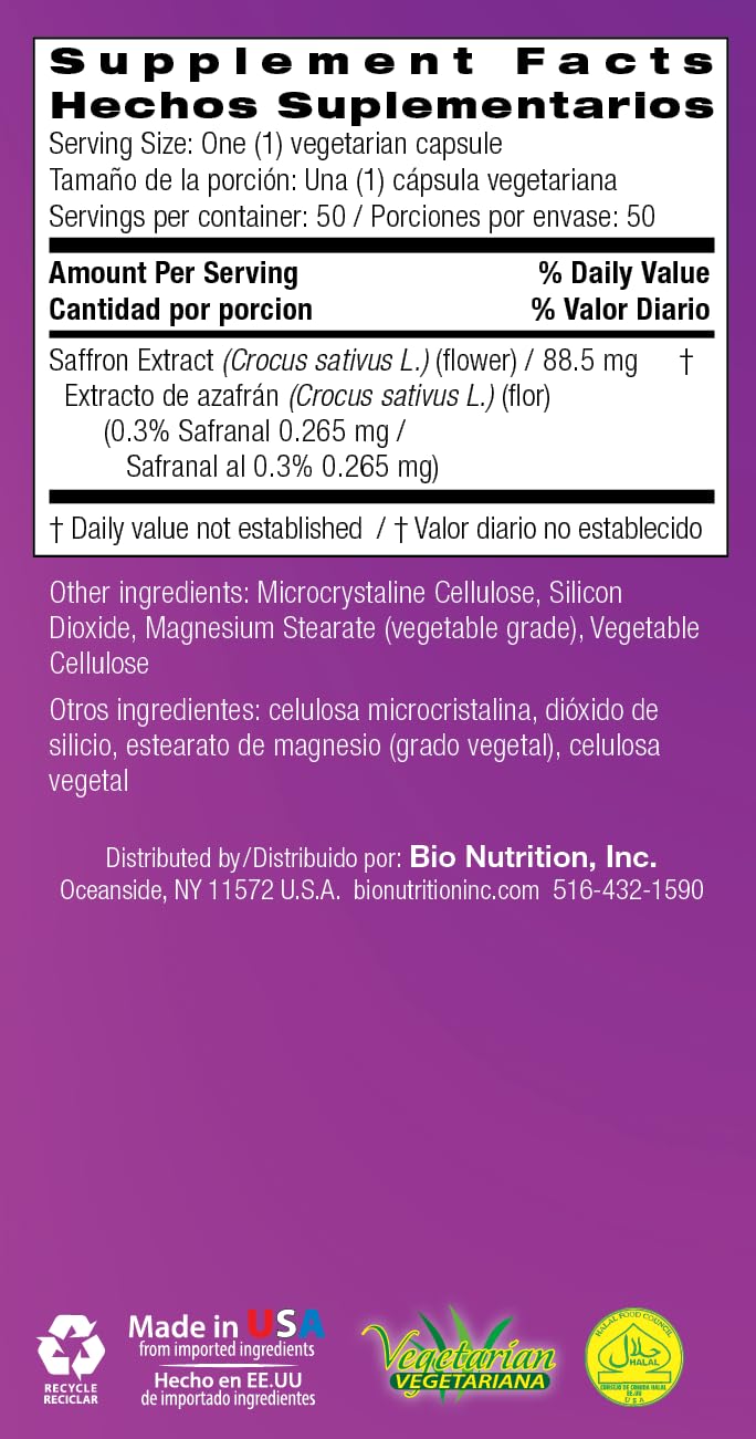 Ingredients: saffron extract standardized to 0.3% safranal