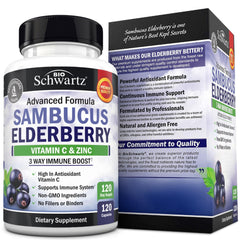 Lifestyle image of BioSchwartz elderberry capsules with fruits