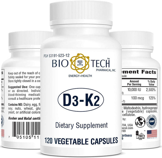 Bio-Tech D3-K2 120 Vegcaps bottle on white background