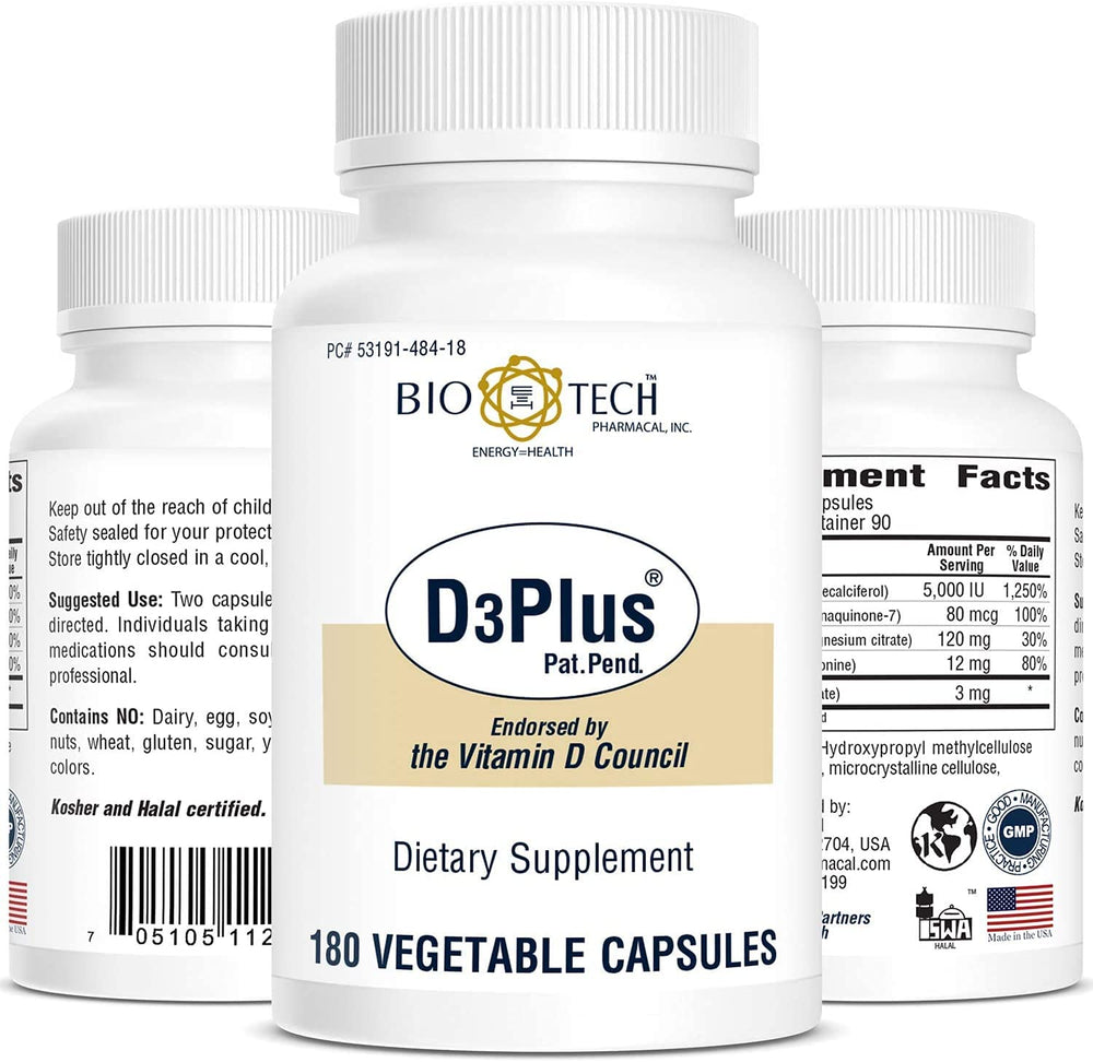 D3Plus capsules close-up with bottle