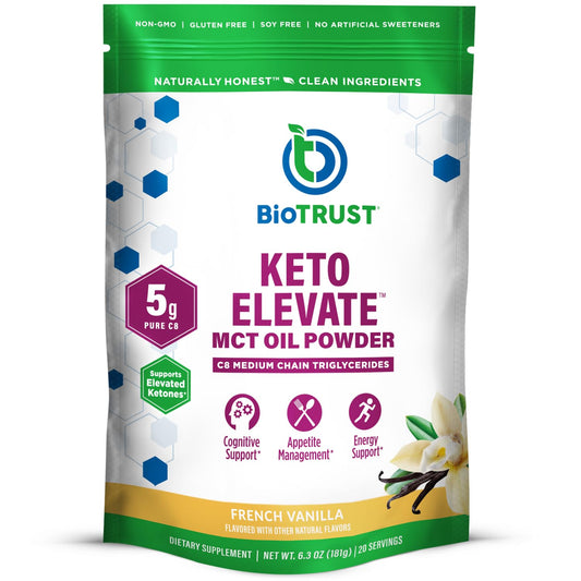 BioTrust Keto Elevate C8 MCT powder bottle French Vanilla flavor
