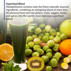 Assorted greens, fruits and vegetables used in Metabo Greens blend