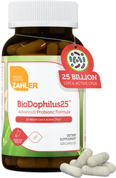Front view of Zahler BioDophilus25 probiotic bottle
