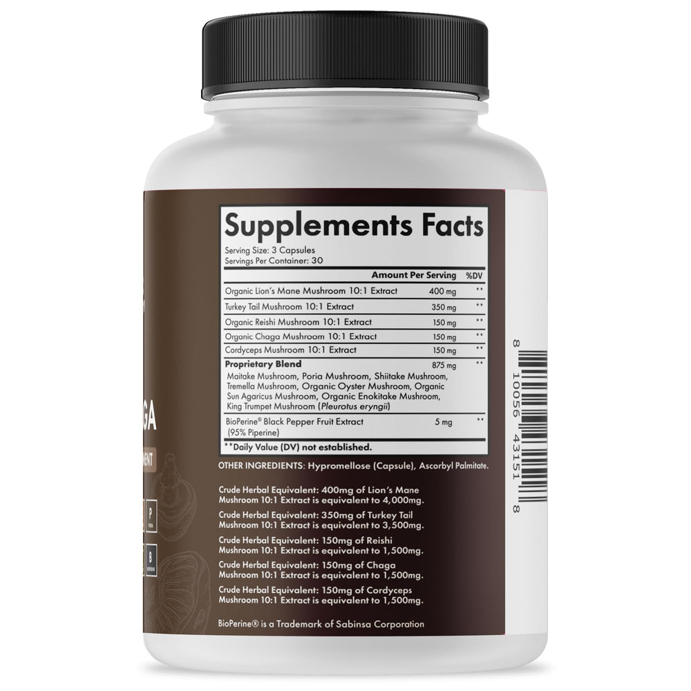 Organic mushroom blend ingredients in capsules