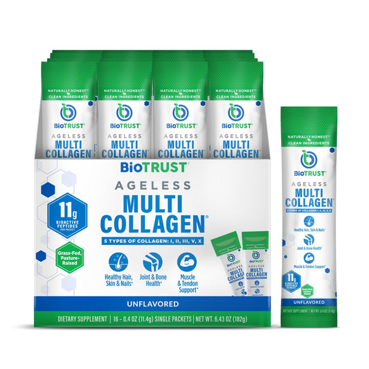 BioTrust Ageless Multi Collagen Peptides powder bottle and packaging