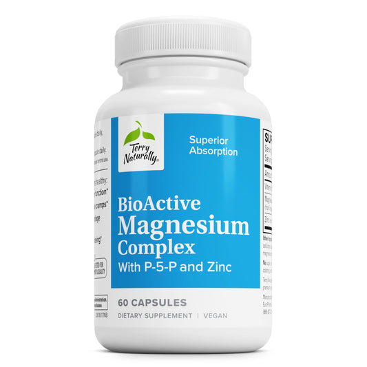 Front view of Terry Naturally BioActive Magnesium Complex bottle with 60 vegan capsules