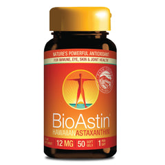 Bottle of BioAstin Hawaiian Astaxanthin 12mg with 50 softgels