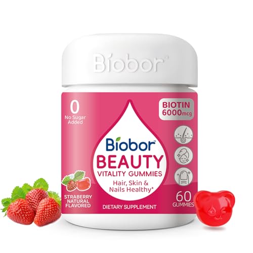 Biobor Beauty Gummies bottle containing 60 sugar-free biotin gummies